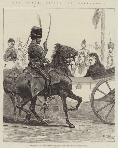 De koninklijke review in Aldershott, de Prins van Wales groet de koningin na het leiden van zijn regiment door Richard Caton Woodville junior